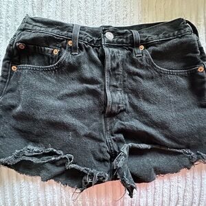 Levi's 501 High Waisted Black Denim Shorts | Distressed Cutoffs Waist 28
